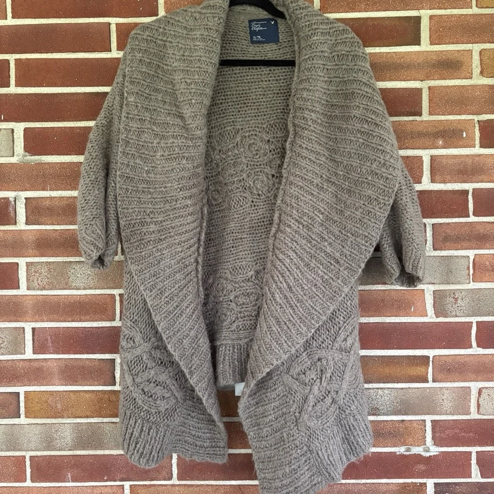 Vtg Y2K American Eagle Brown Wool Mohair Big Chunky Open Front Sweater Warm